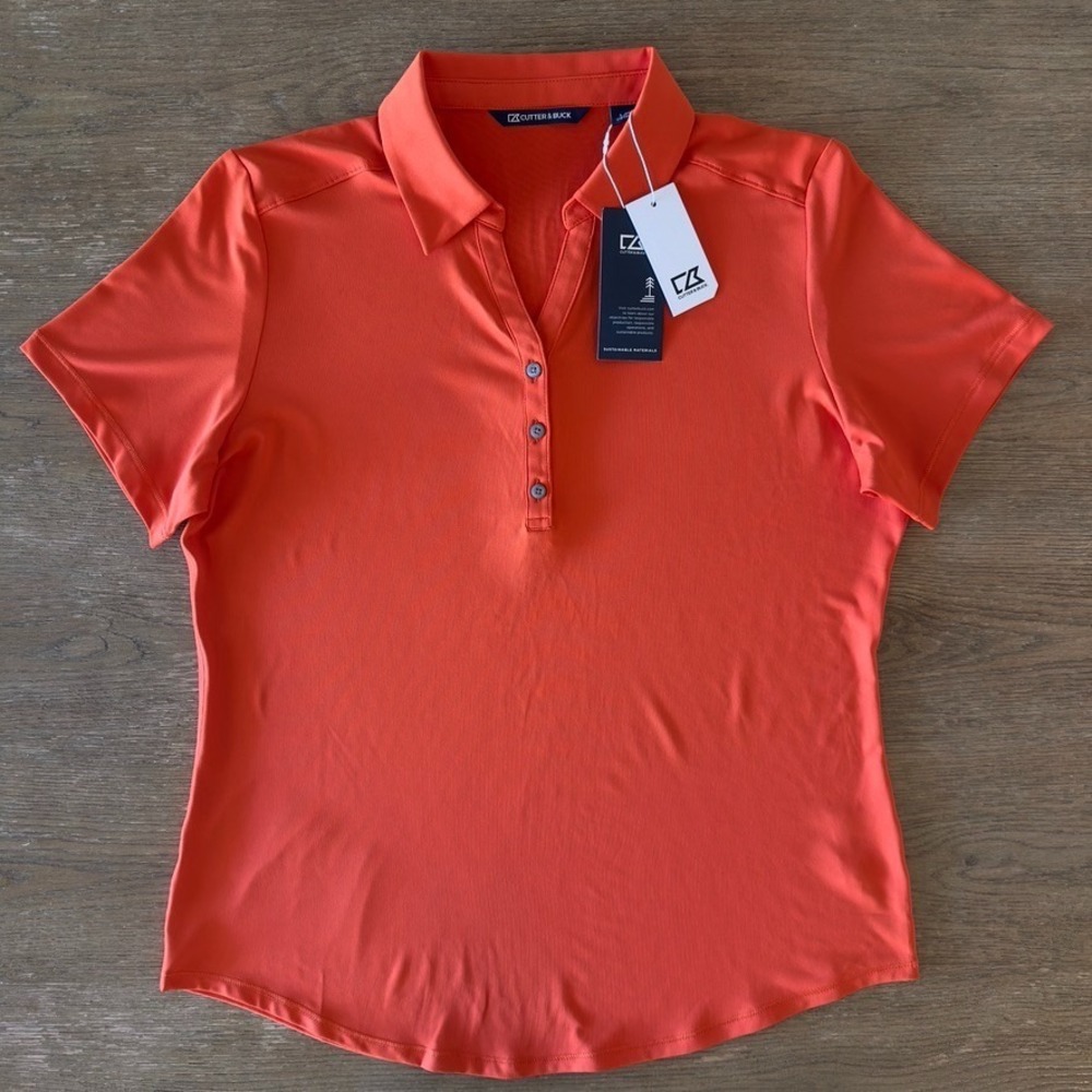 NWT CUTTER & BUCK Women's Forge Eco Stretch Recycled Golf Polo-Coral Orange-Sz L